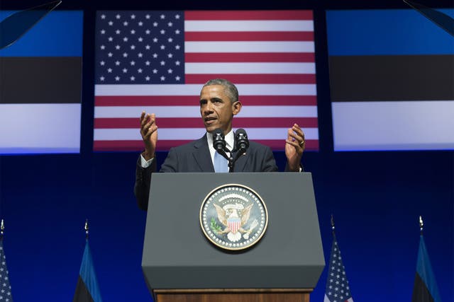 US President Barack Obama delivers a speech at Nordea Concert Hall in Tallinn, Estonia