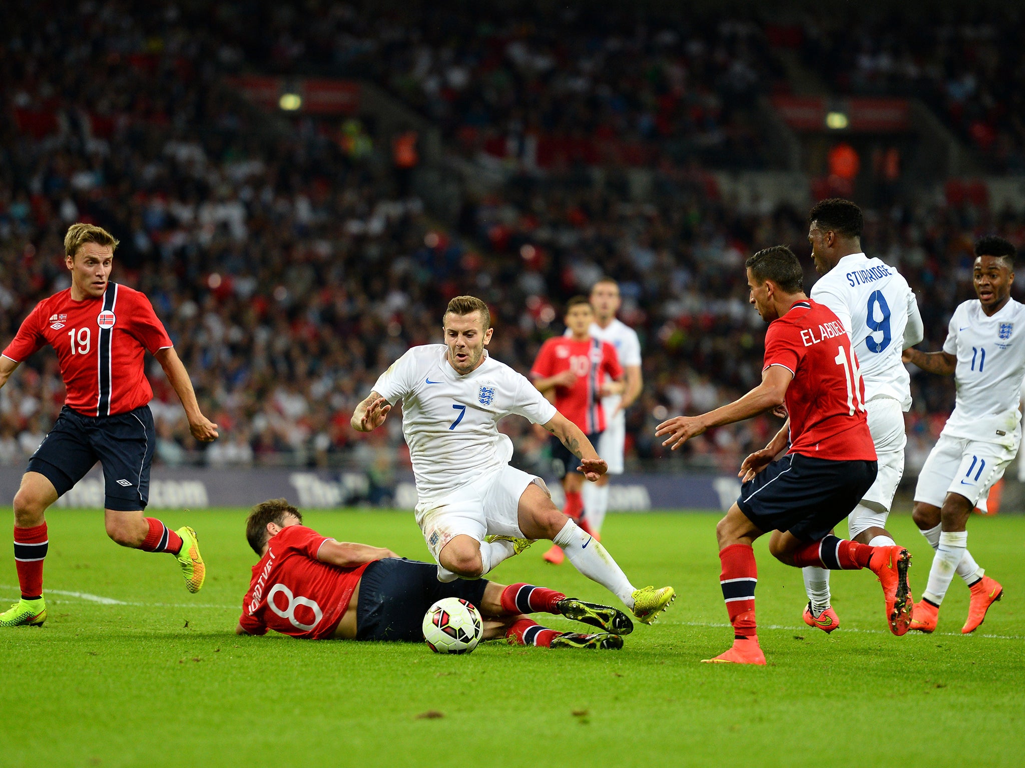 Jack Wilshere tumbles in the box during England's 1-0 win over Norway