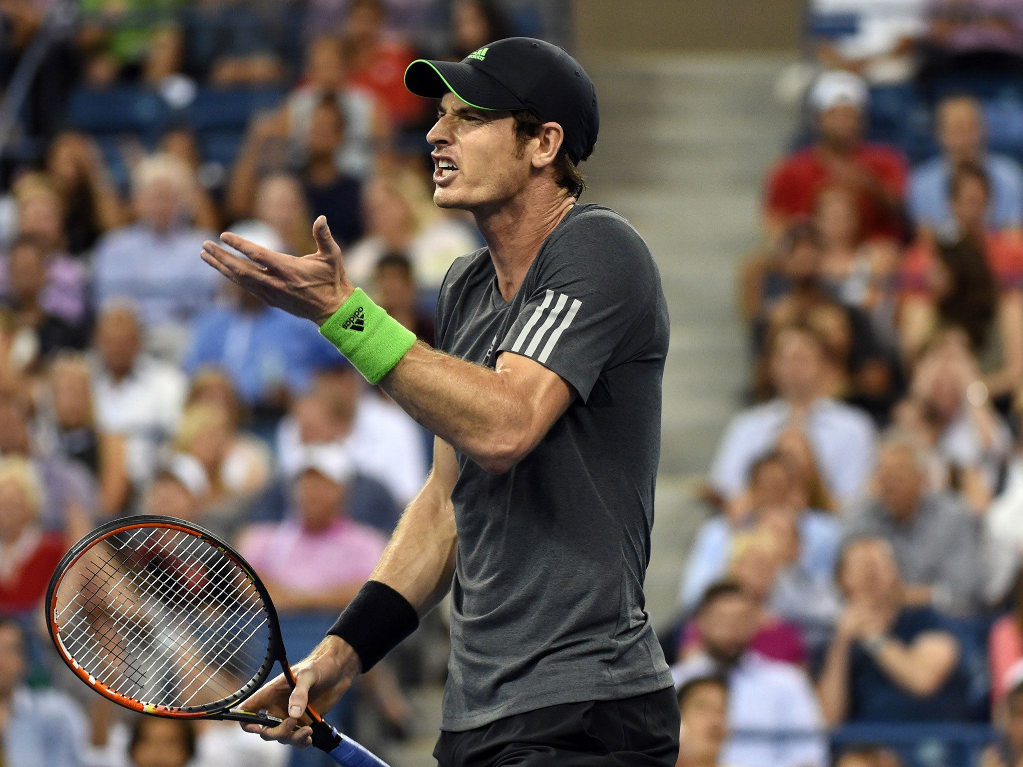 Andy Murray reacts to a decision against Novak Djokovic