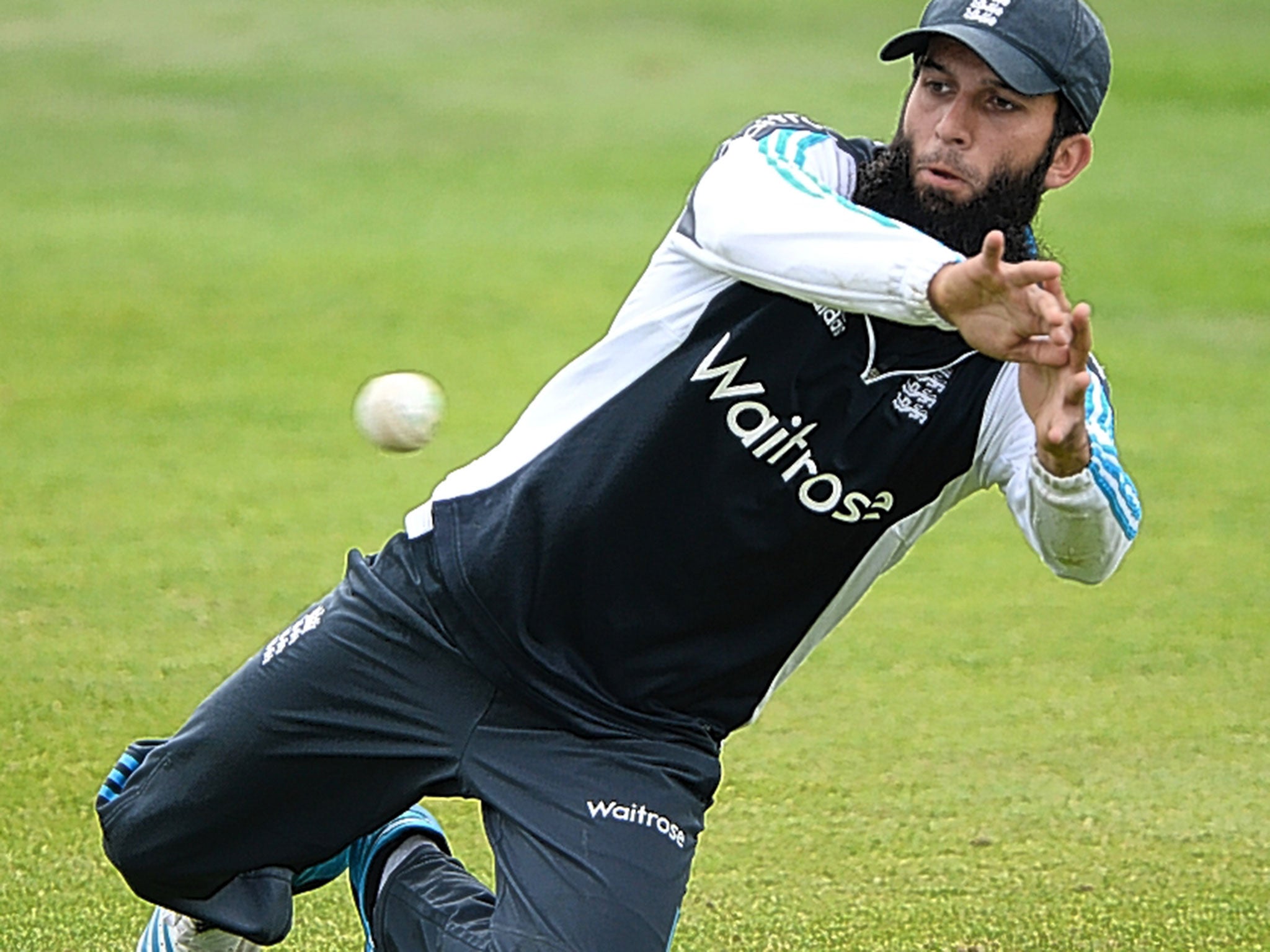 Moeen Ali prepares to take a catch during practice at Headingley