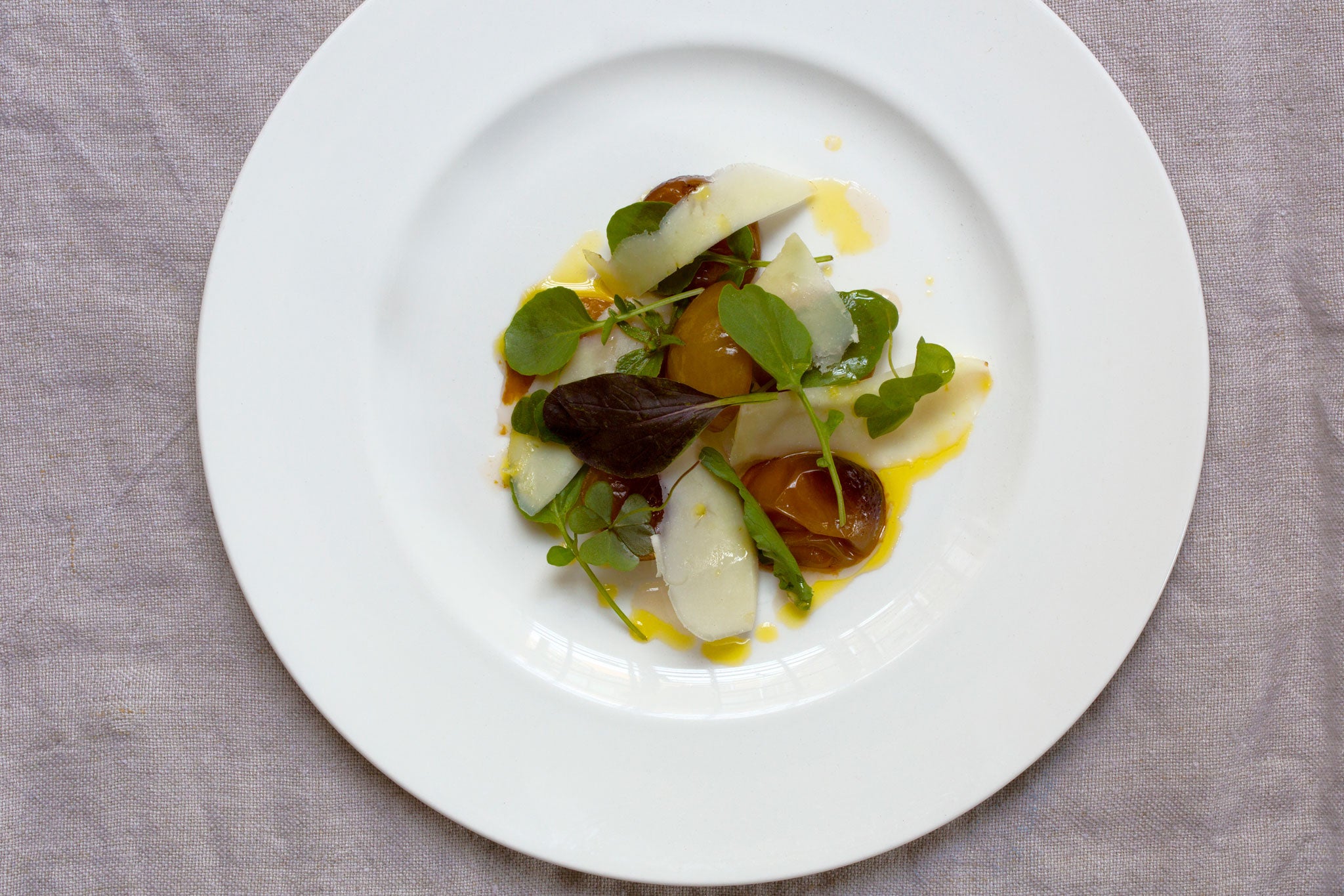 Pickled Greengage and goat's cheese salad