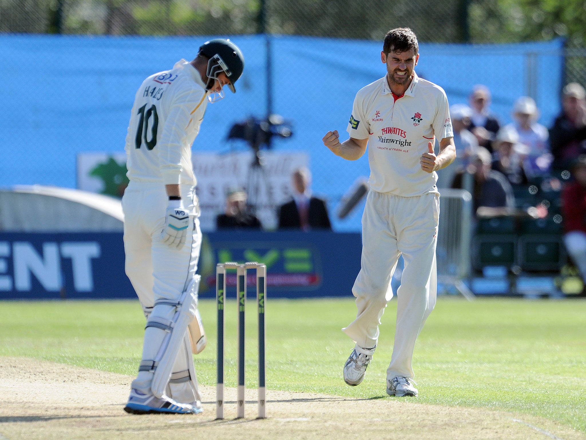 Lancashire all-rounder Kyle Hogg celebrates the wicket of Alex Hales earlier this year