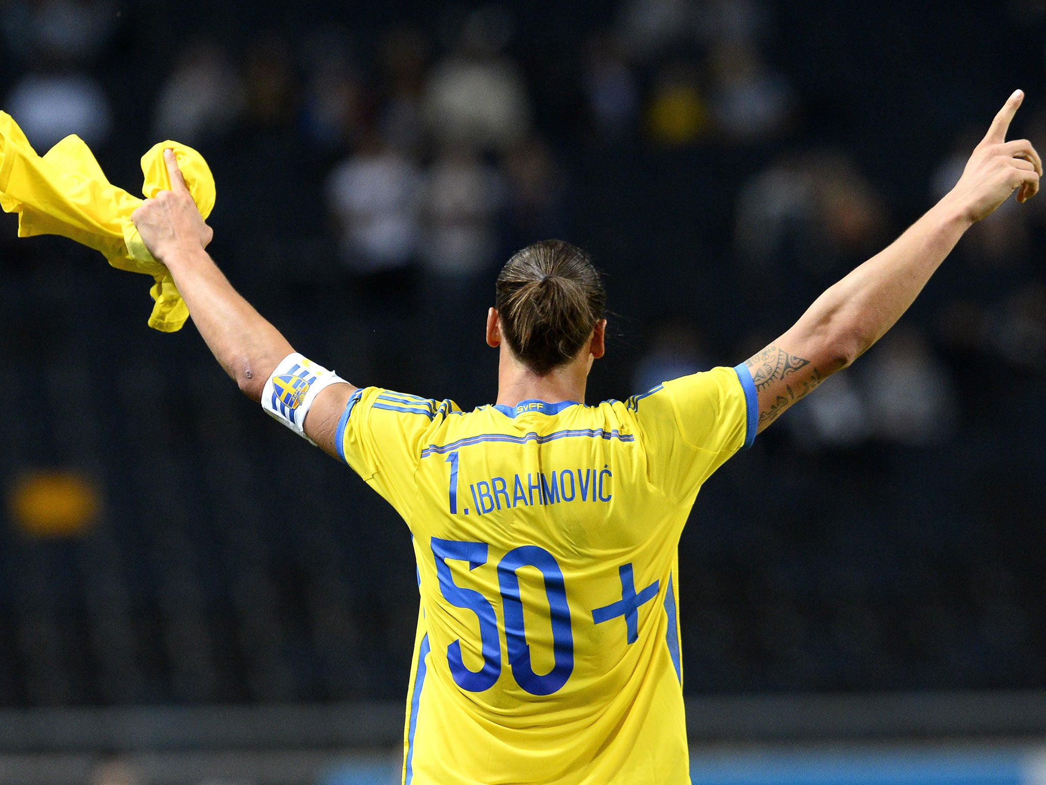 Zlatan Ibrahimovic celebrates his record 50th goal for Sweden
