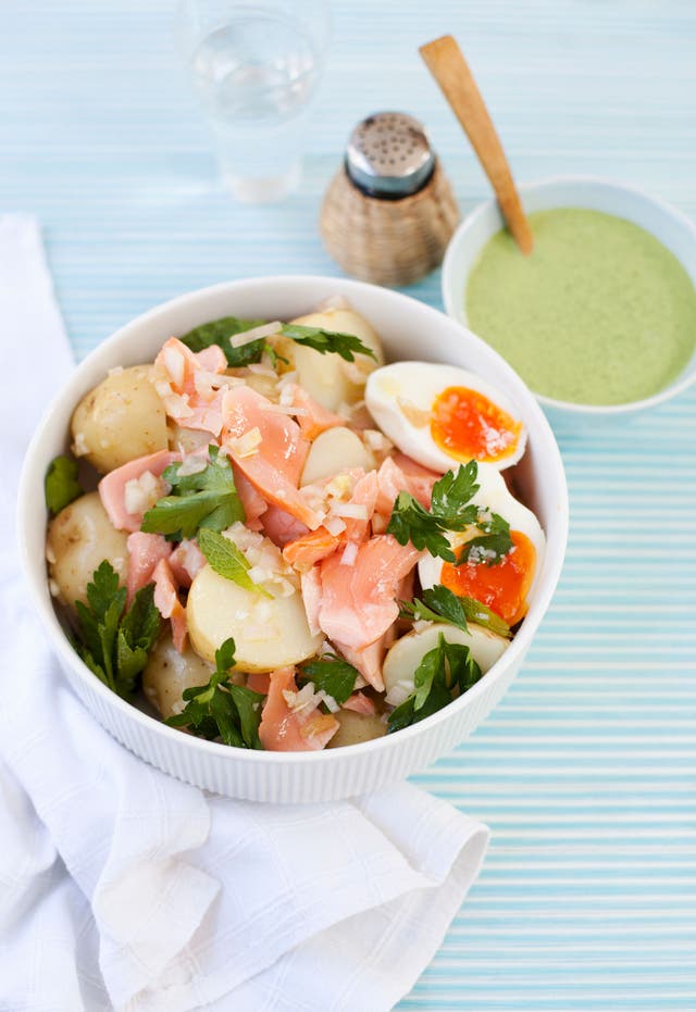 Poached salmon and soft-boiled eggs with a watercress mayo