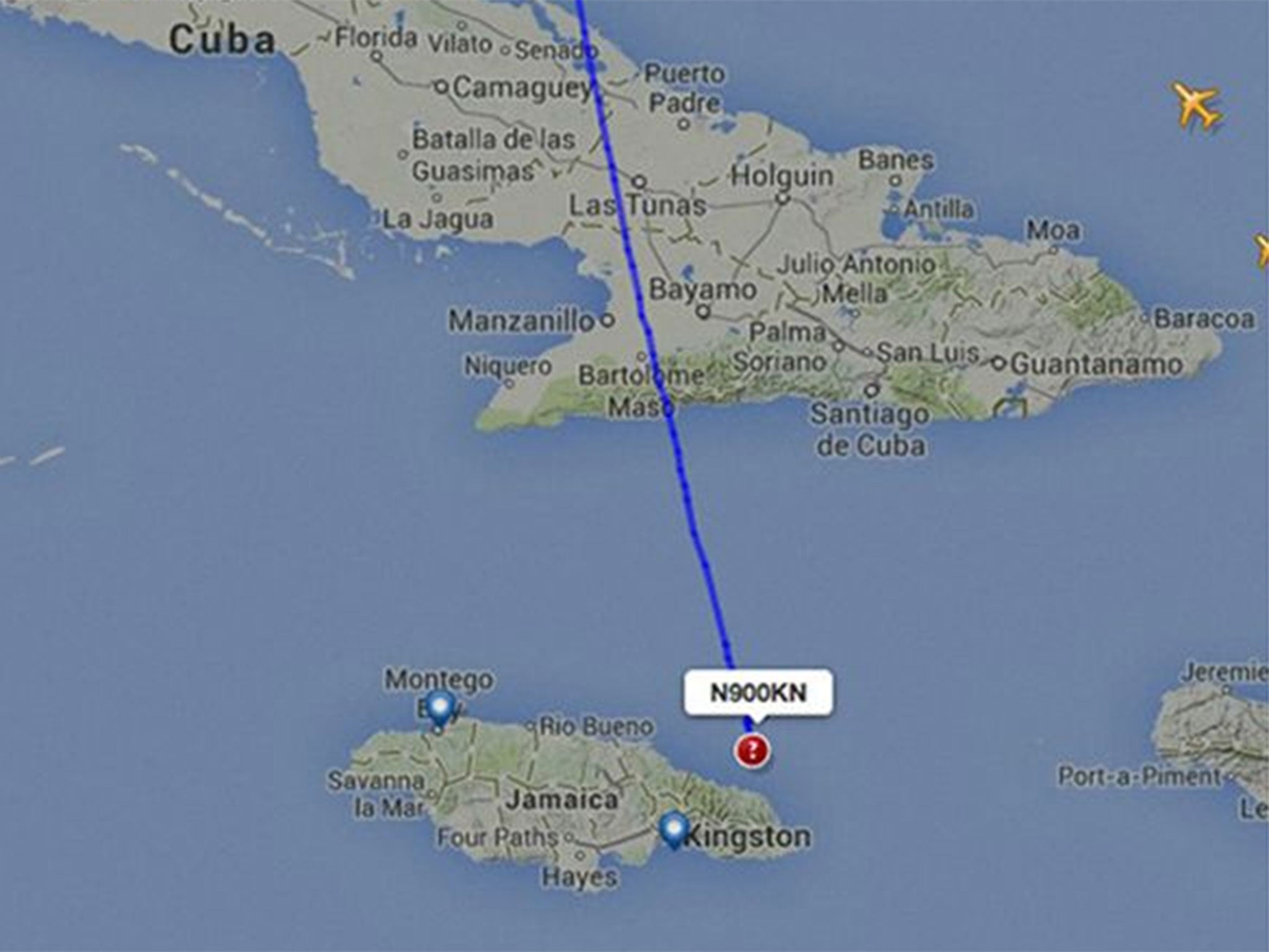 The route of the that plane crashed on the island of Jamaica