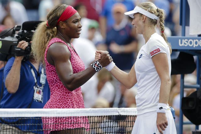 Serena Williams (left) greets Ekaterina Makarova, of Russia after winning her semifinal match 