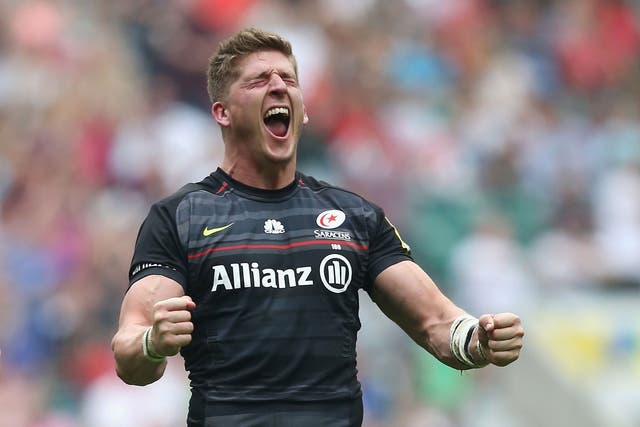 David Strettle celebrates scoring the match-winning try after sliding in to sink Wasps