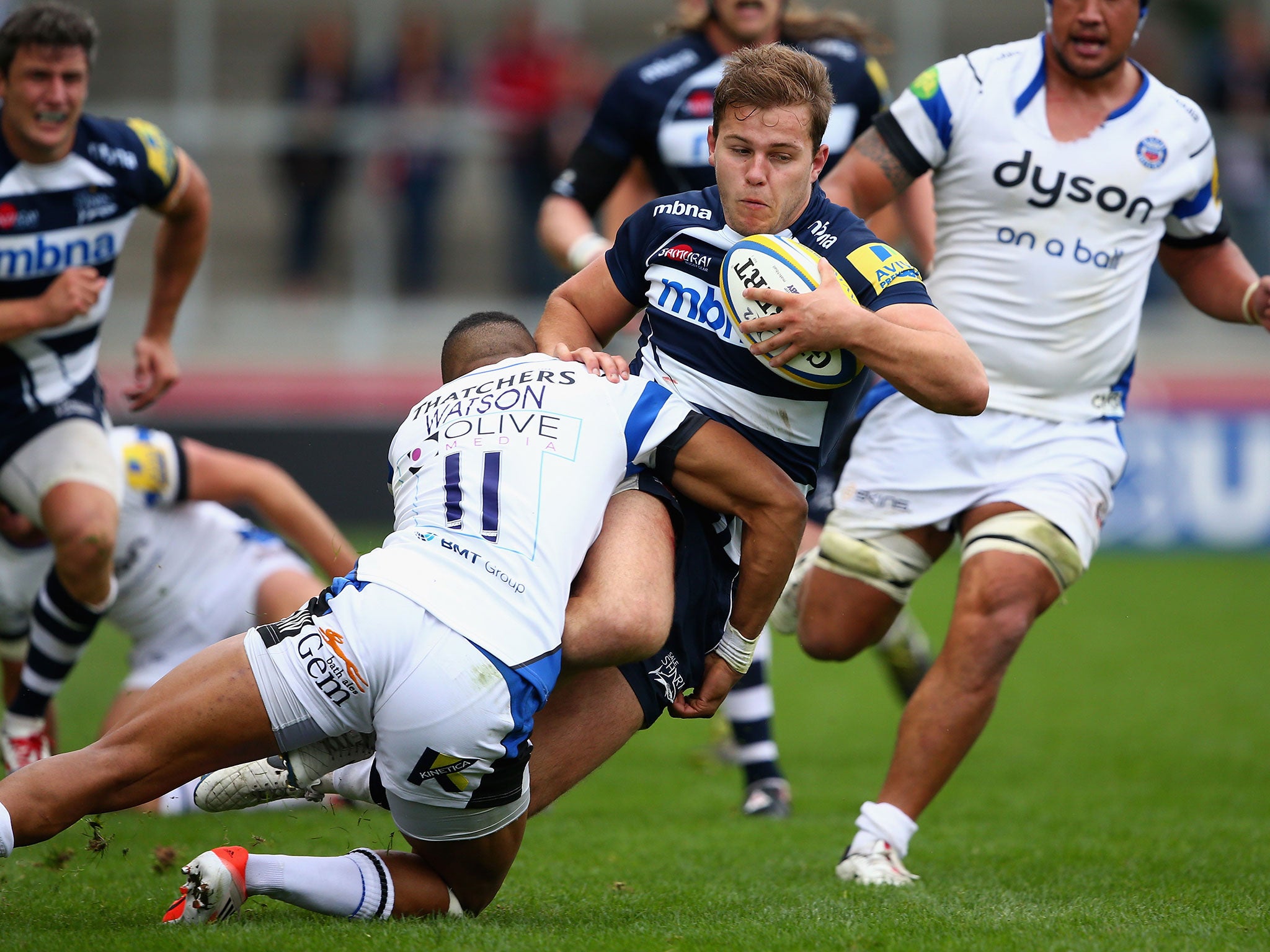 Will Addison of Sale is tackled by Anthony Watson of Bath