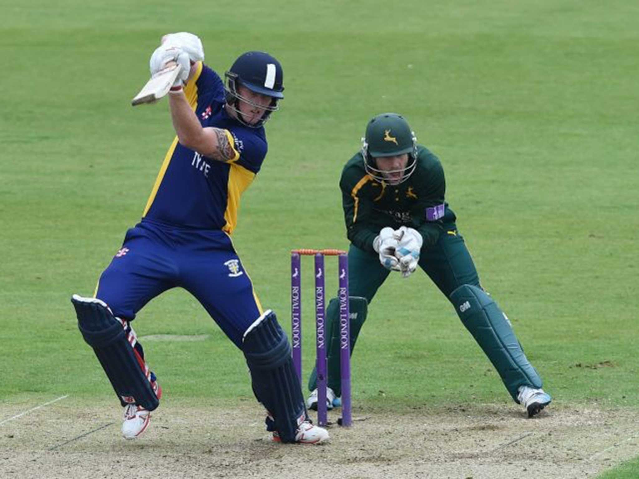 In full flow: Durham’s Ben Stokes on the attack during his magnificent century yesterday