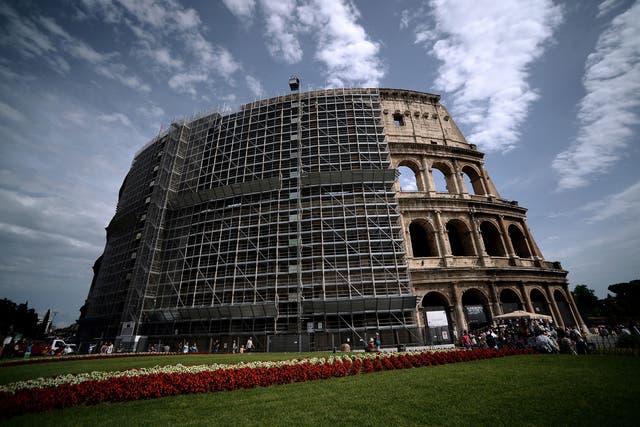 A general view shows the scaffoldings of the Colosseum during its restoration funded by Italian brand 'Tod's'