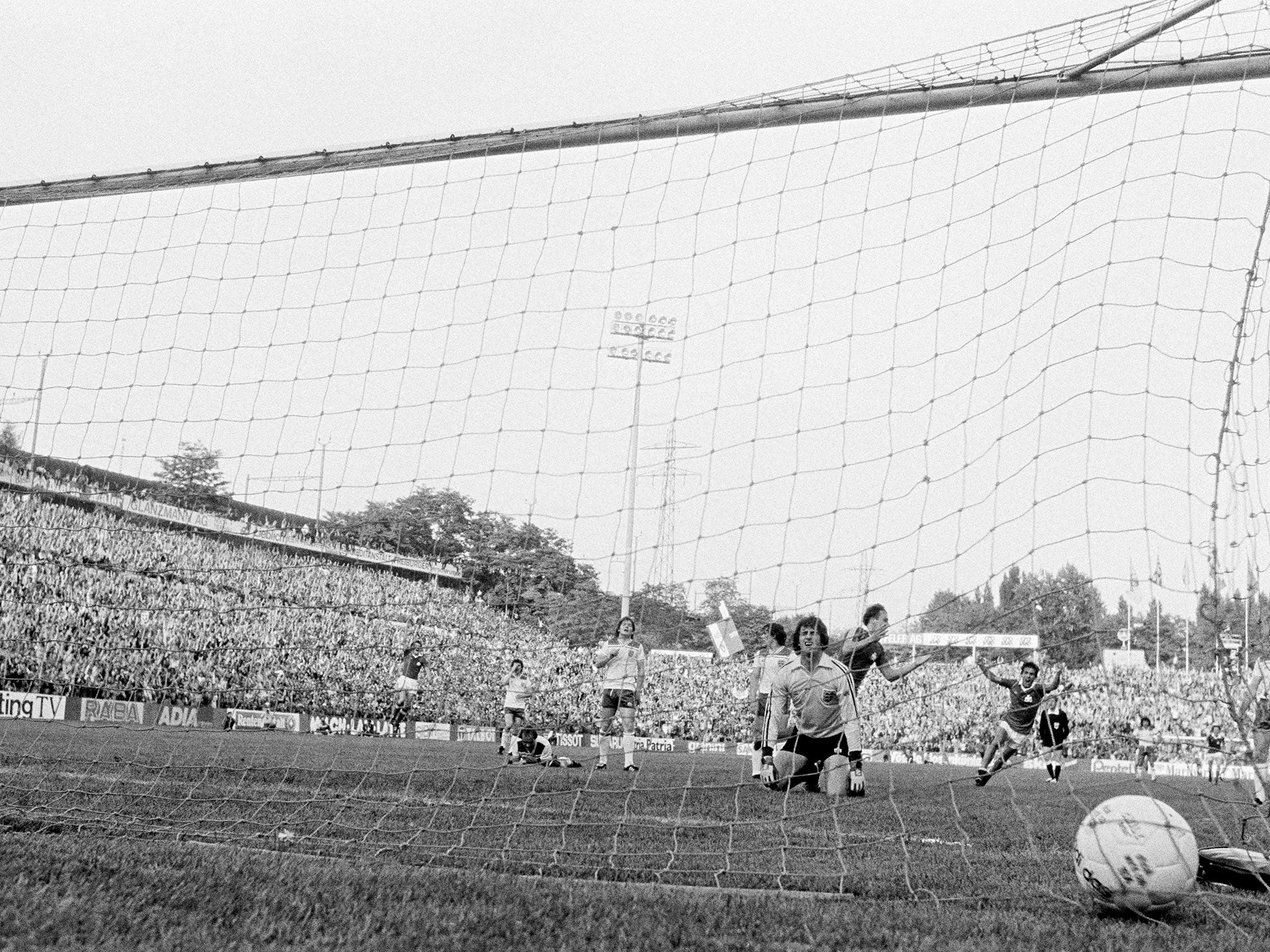 England goalkeeper Ray Clemence is beaten as Claudio Sulser scores Switzerland’s second goal in their 2-1 win in Basel on 30 May, 1981