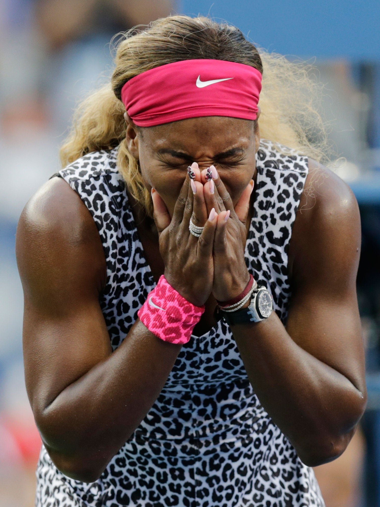 Serena Williams, reacts after defeating Caroline Wozniacki