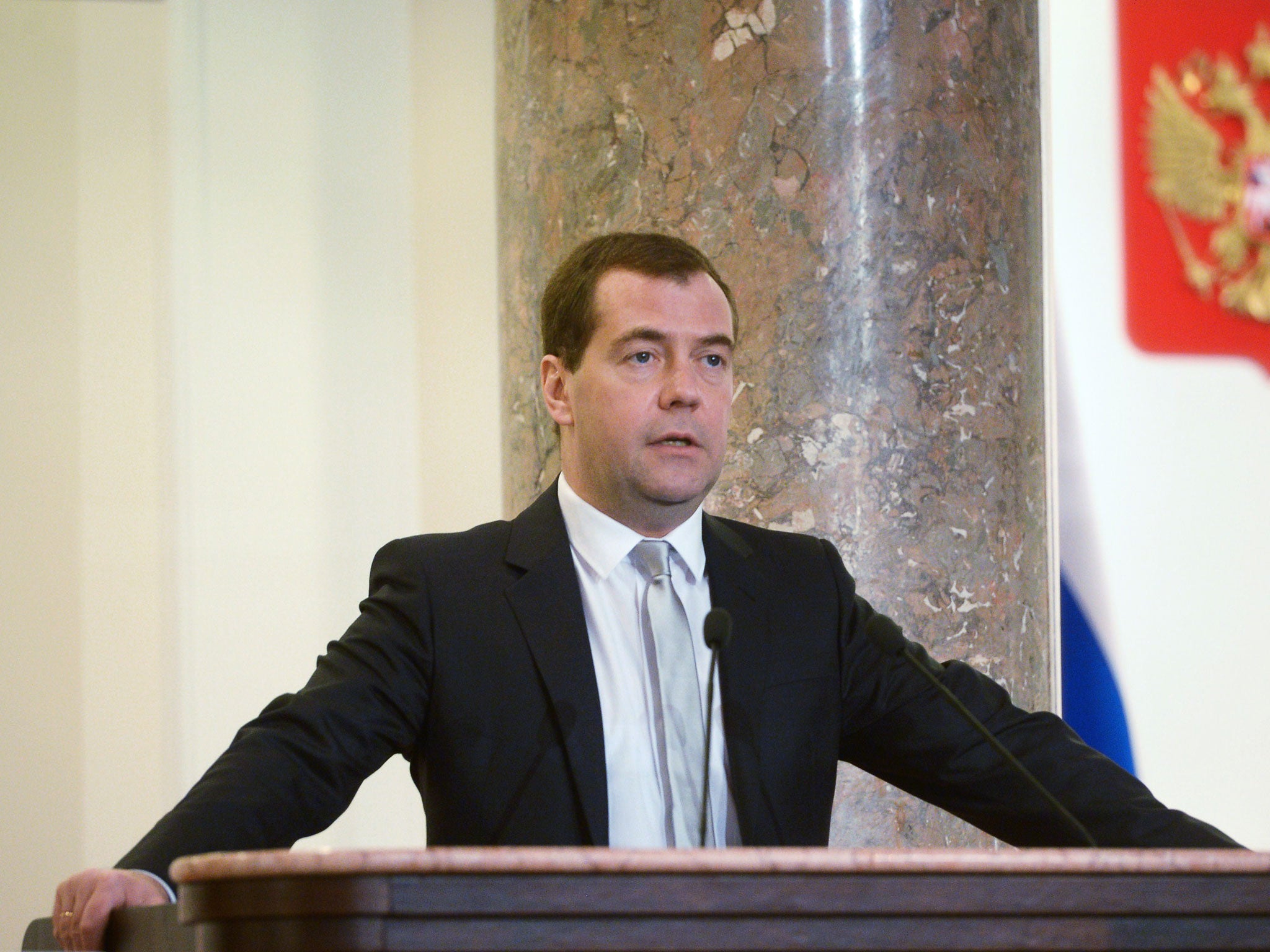 Russian Prime Minister Dmitry Medvedev pictured at the Ministry of Finance in Moscow