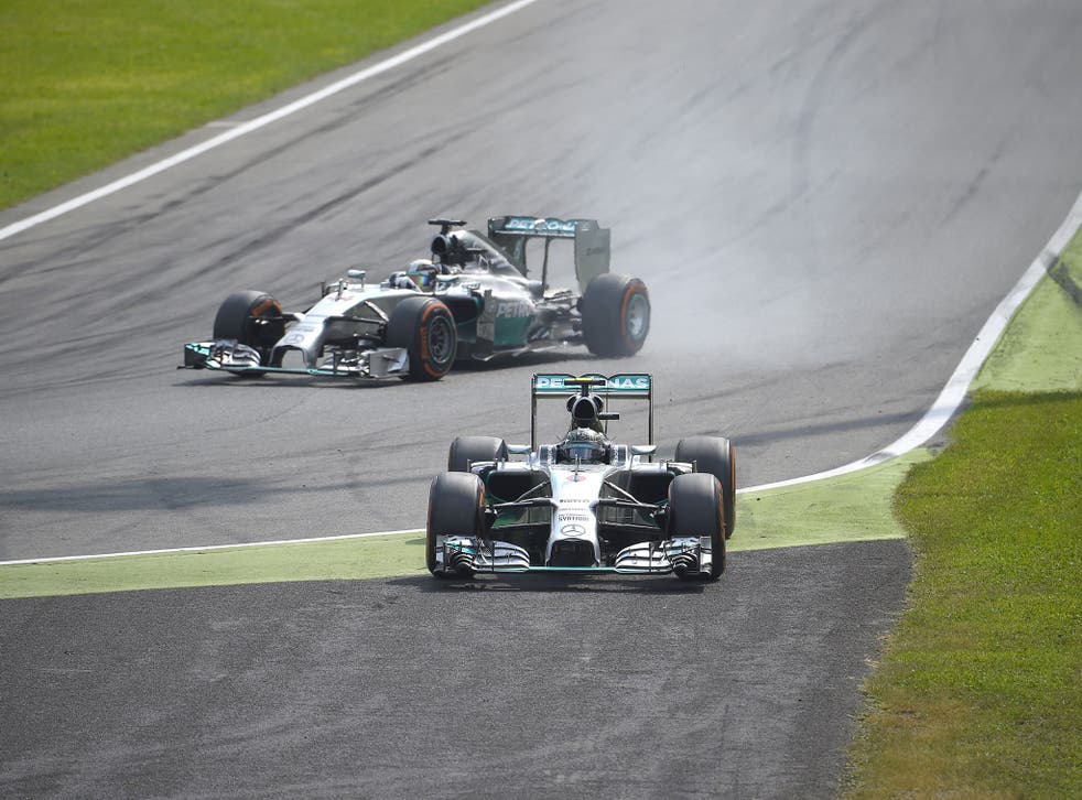 Nico Rosberg straight lines the first chicane to hand Lewis Hamilton the lead and subsequent victory at Monza