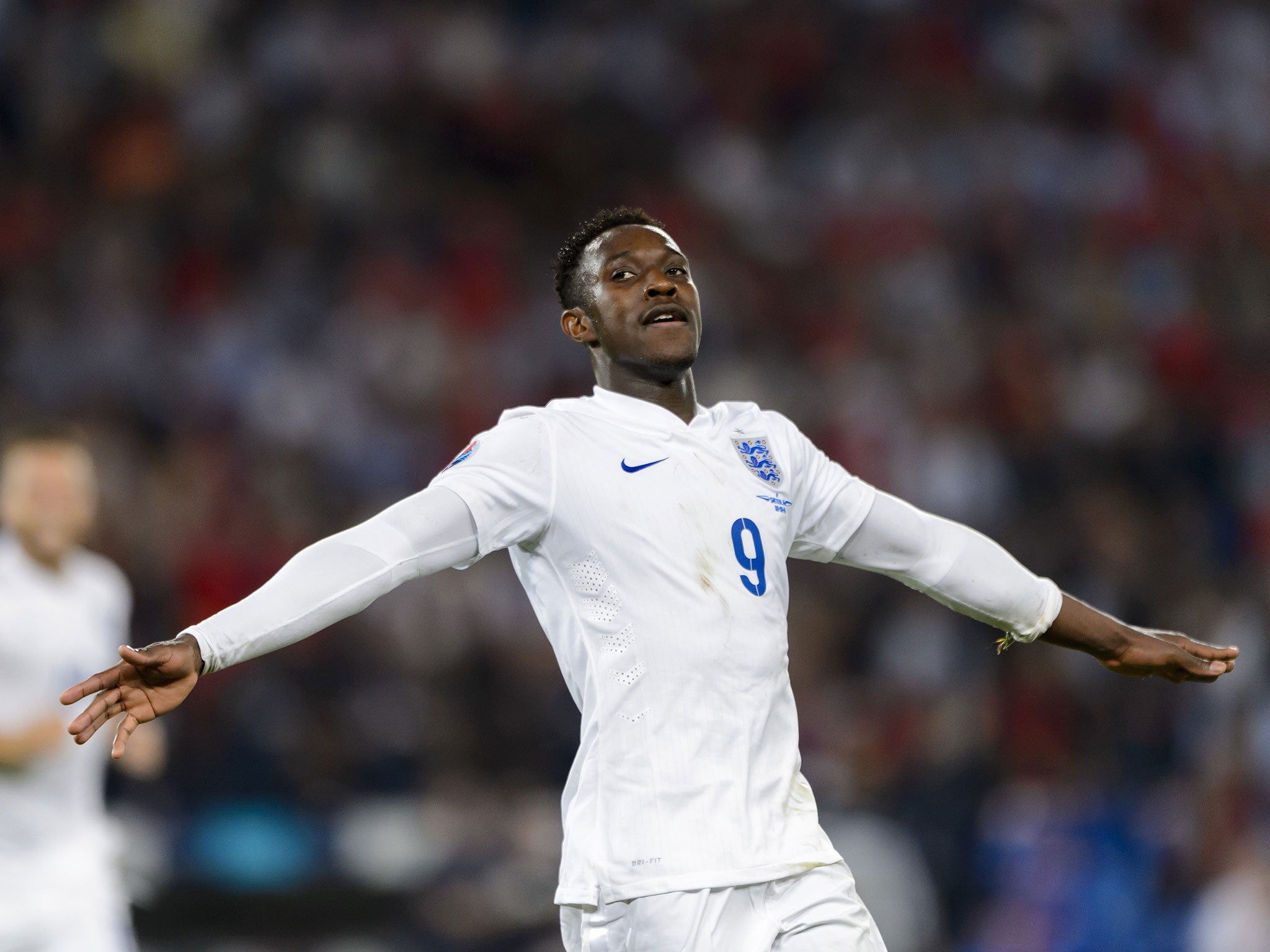 Danny Welbeck celebrates his second goal for England on Monday