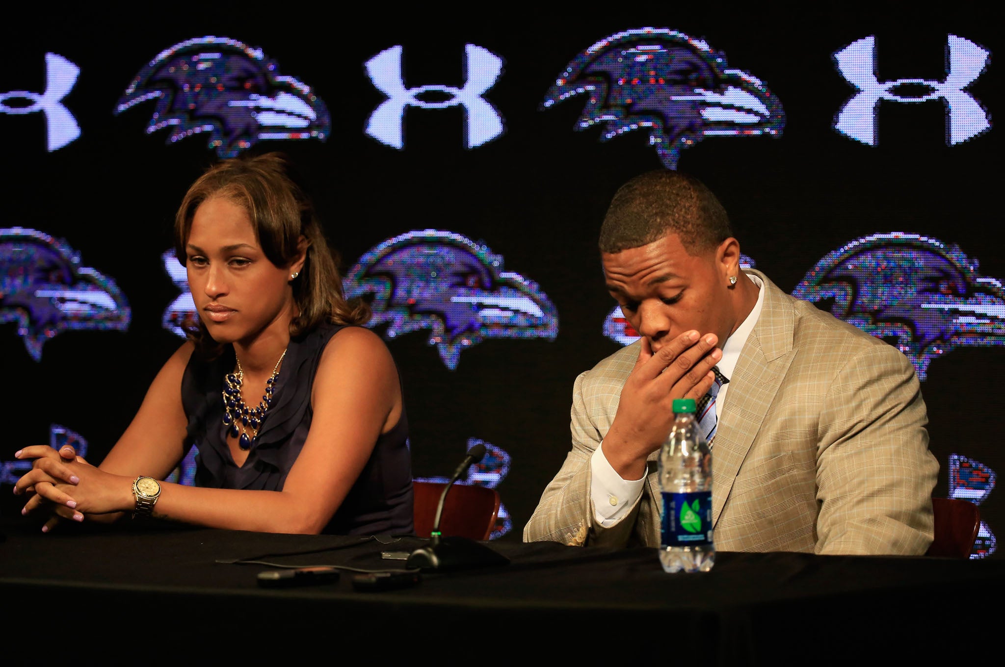 Janay and Ray Rice attend a press conference in May 2014