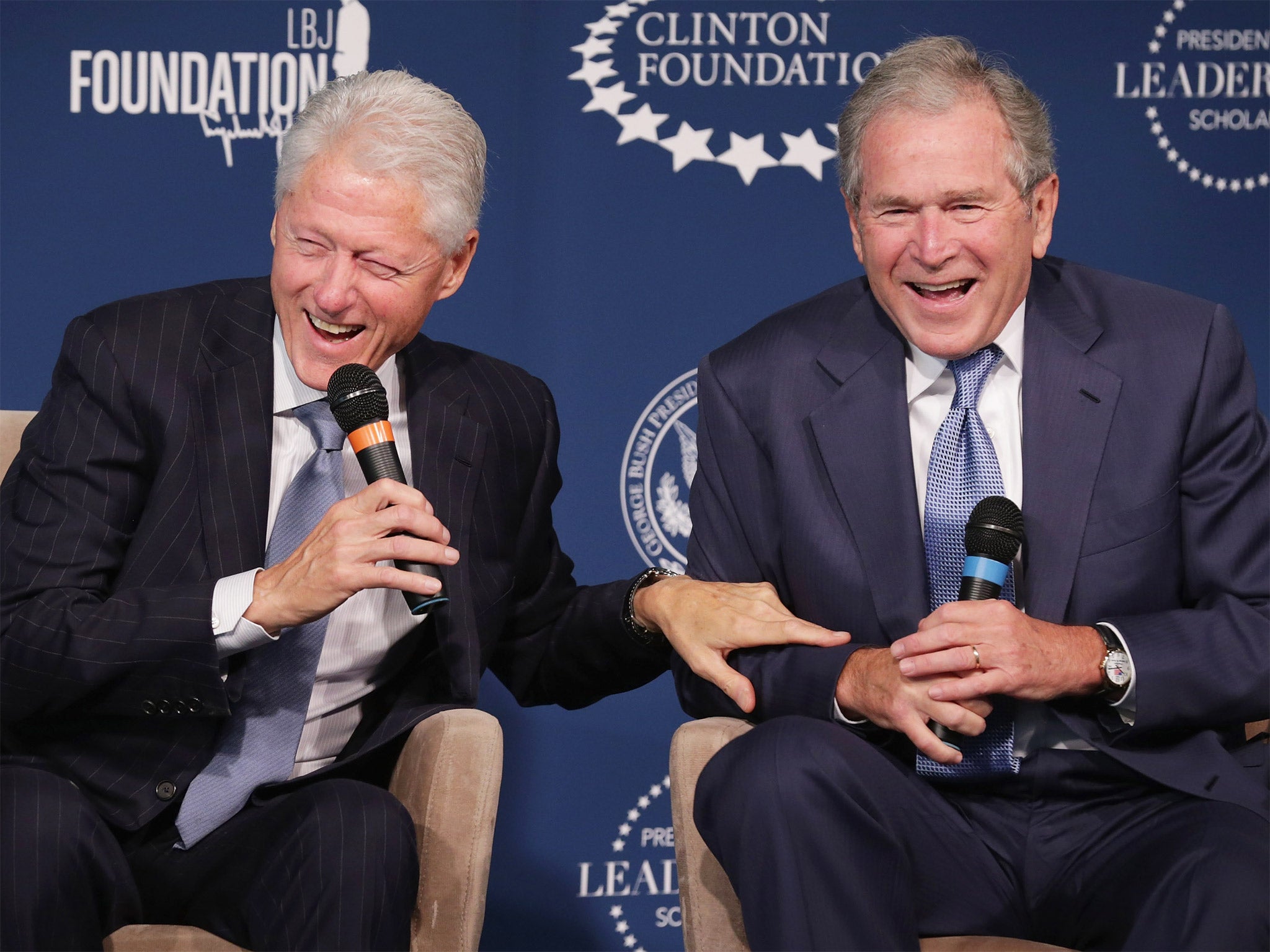 Presidents Bill Clinton and George W Bush bantered at a leadership event for young people