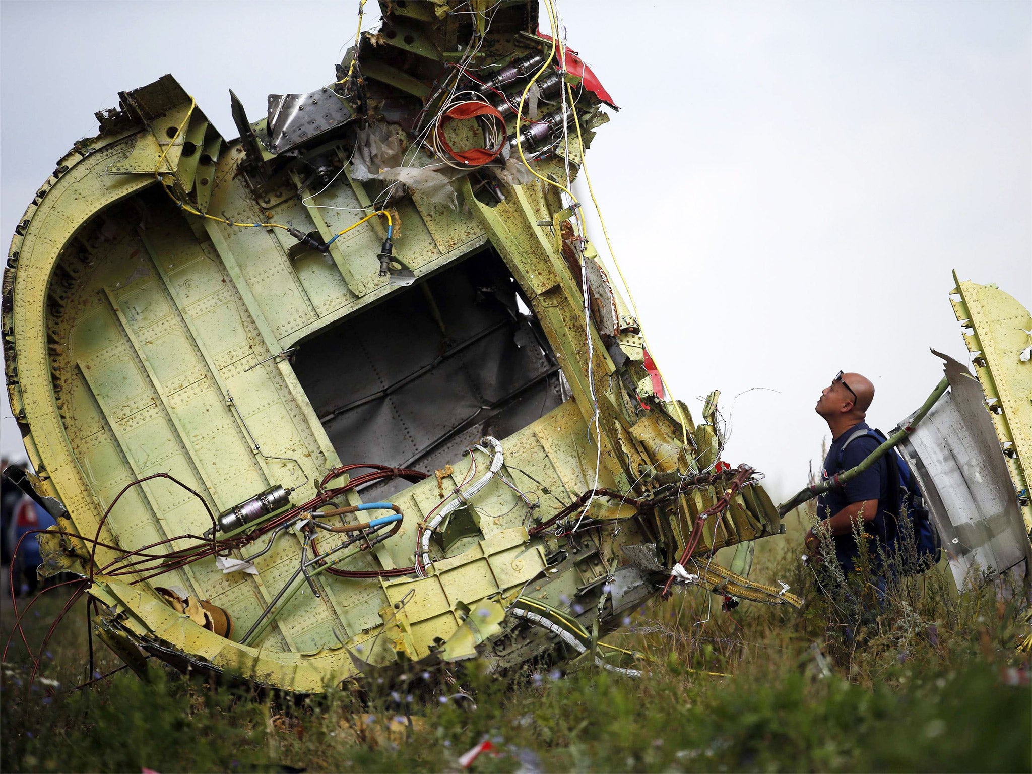 A Malaysian air crash investigator inspecting the crash site