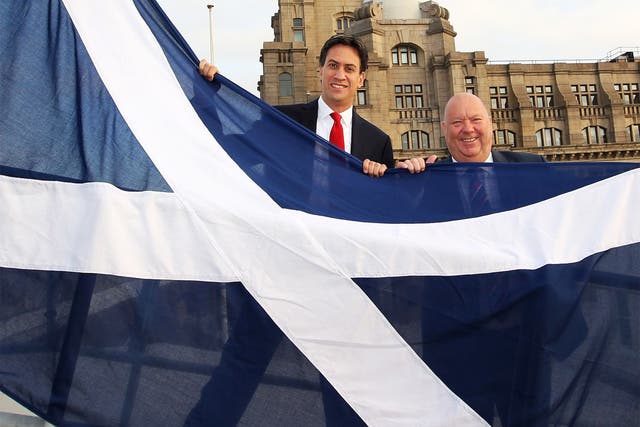Labour leader Ed Miliband with Liverpool City Council leader Joe Anderson, raising a Saltire on Liverpool waterfront on Tuesday