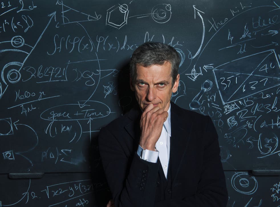 Peter Capaldi as the twelfth Doctor surrounded by his calculations