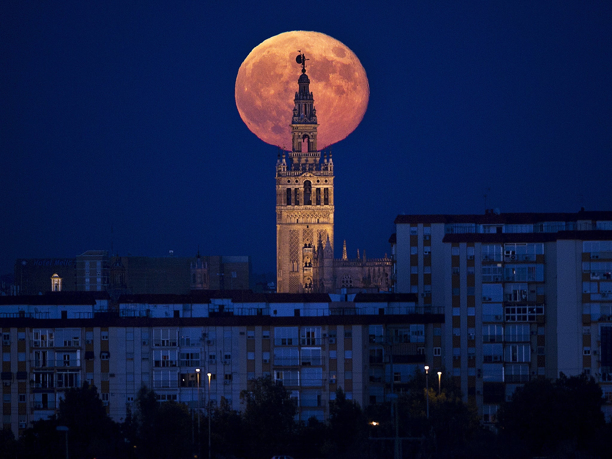 The moon rises over the Giralda, the tower of Seville's Cathedral