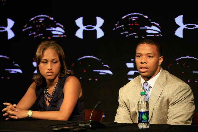 Running back Ray Rice of the Baltimore Ravens addresses a news conference with his wife Janay at the Ravens training center on May 23, 2014