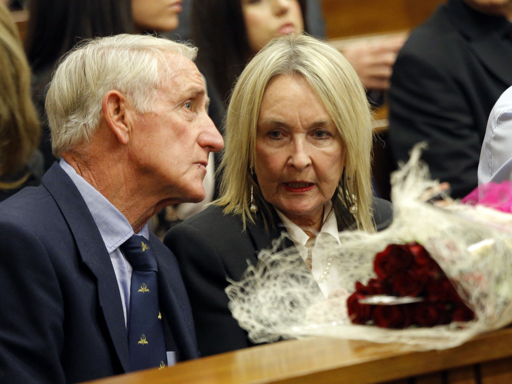 June Steenkamp, mother of dead model, Reeva Steenkamp, waits for Oscar Pistorius during the verdict in his murder trial in Pretoria