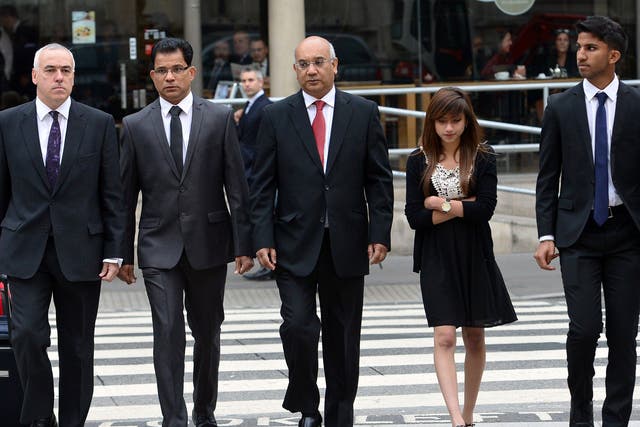 Benedict Barboza, second from left, the husband of Jacintha Saldanha, their children Lisha and Junal, right, and Keith Vaz MP, centre, arrive for the inquest