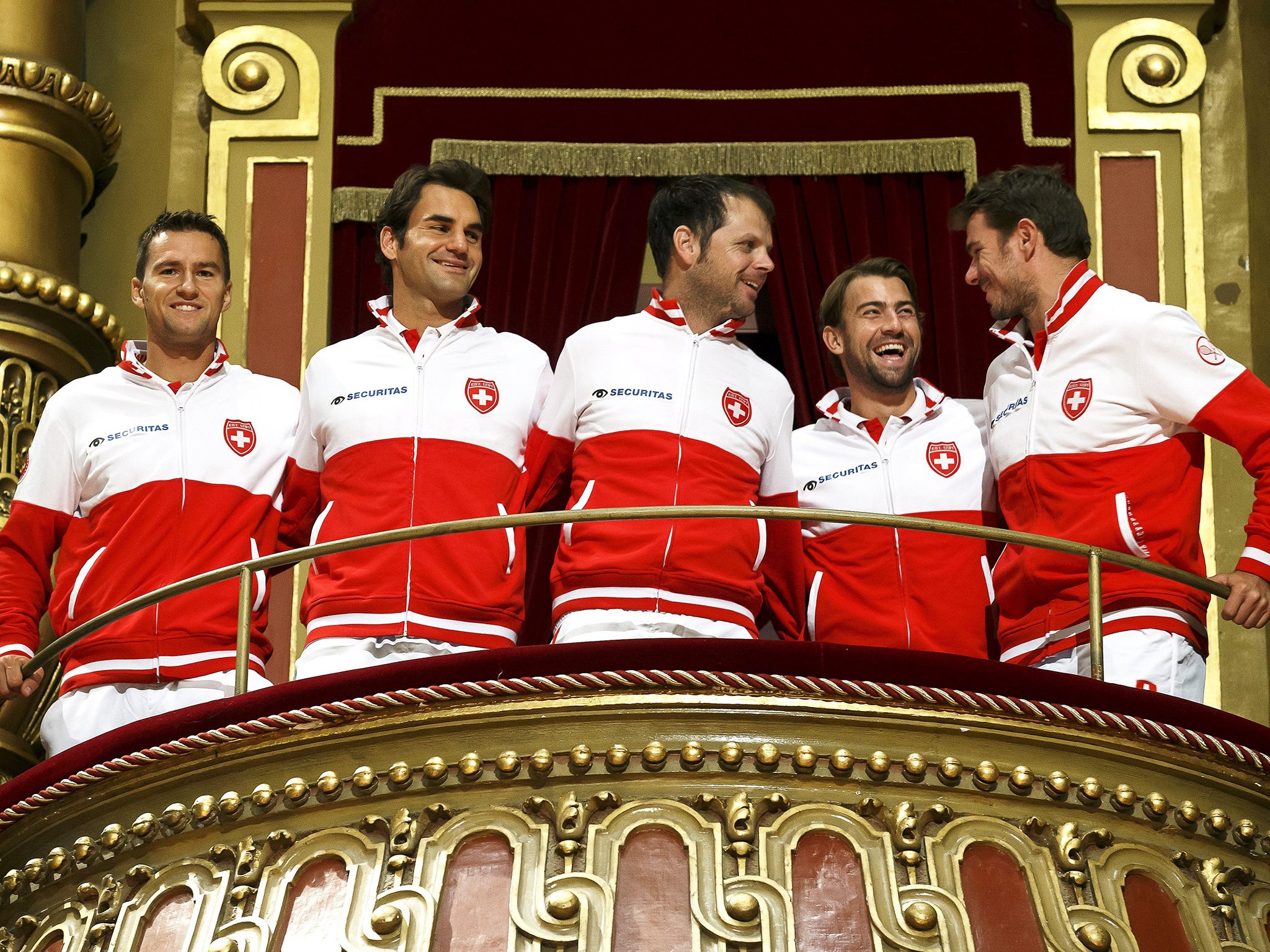 Swiss Davis Cup team players (L-R) Marco Chiudinelli, Roger Federer, Severin Luethi
(captain), Michael Lammer and Stanislas Wawrinka