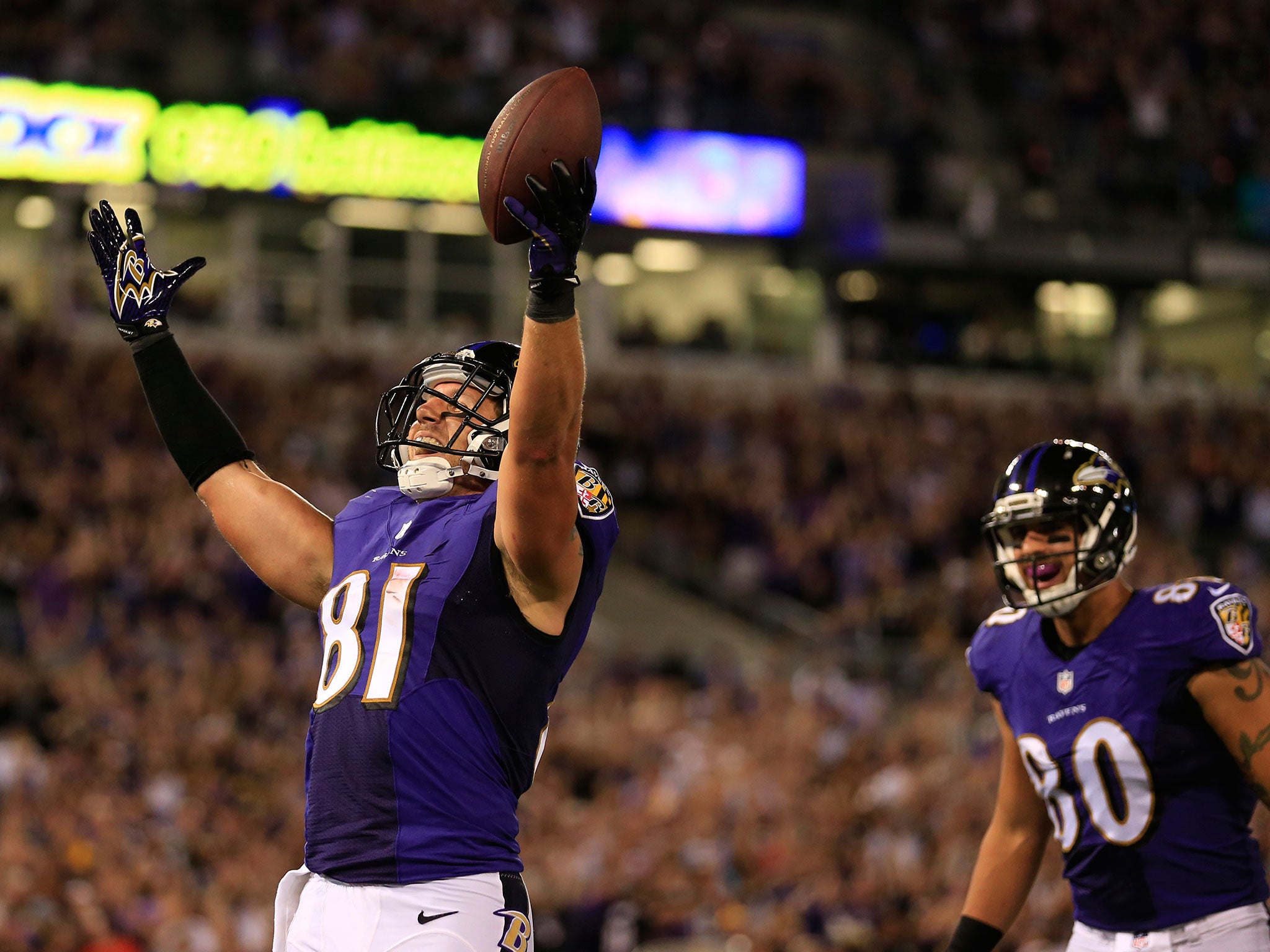 Tight end Owen Daniels #81 of the Baltimore Ravens celebrates his touchdown during 3rd quarter against the Pittsburgh Steelers