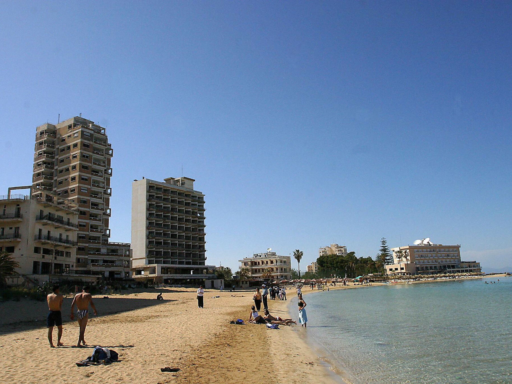 A general view of Famagusta's coast with the deserted hotels of the tourist area of Varosha, fenced off out of bounds in the Turkish occupied north of the island