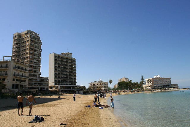 A general view of Famagusta's coast with the deserted hotels of the tourist area of Varosha, fenced off out of bounds in the Turkish occupied north of the island