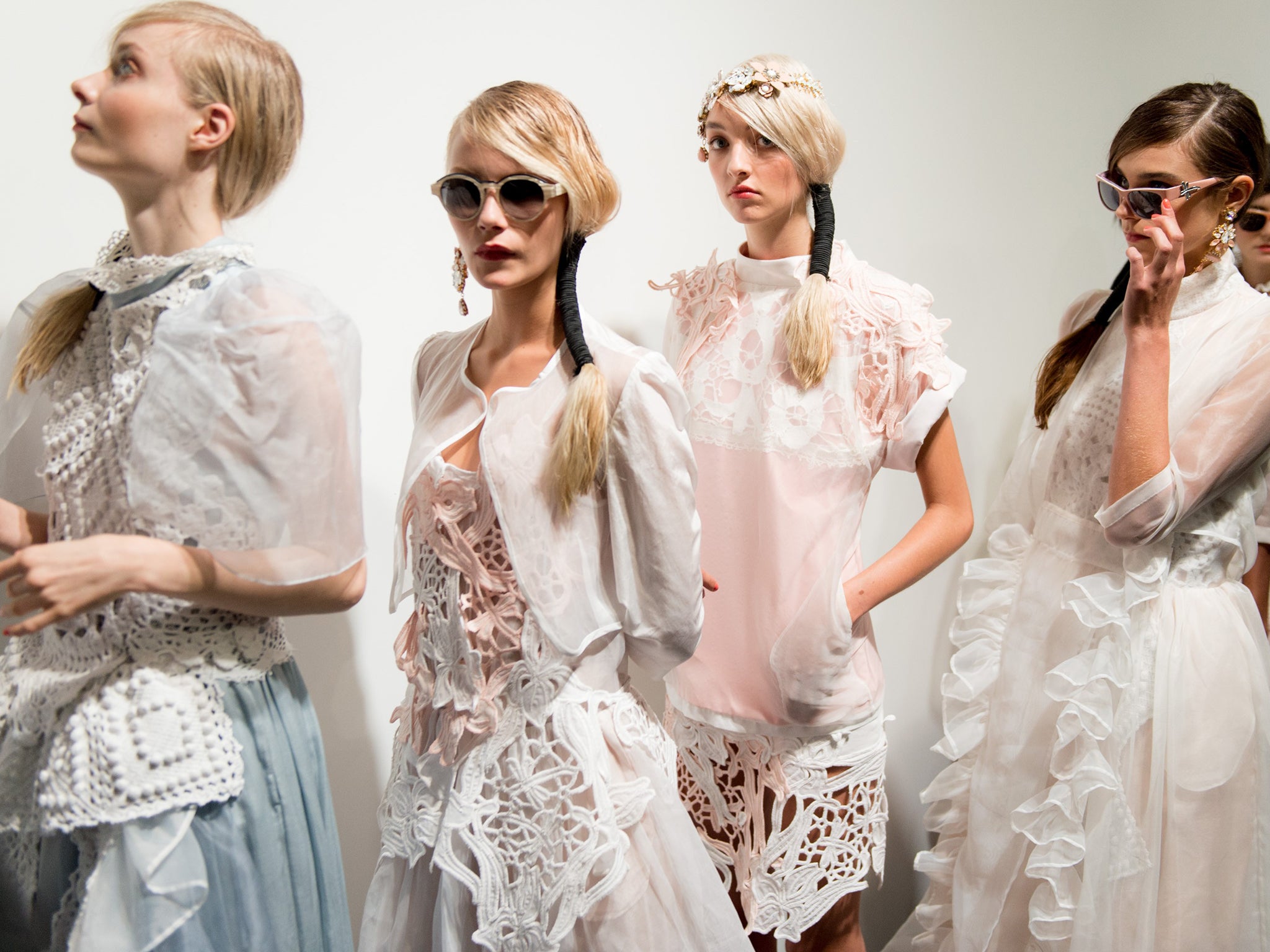 Models backstage at the Bora Aksu show at Somerset House yesterday