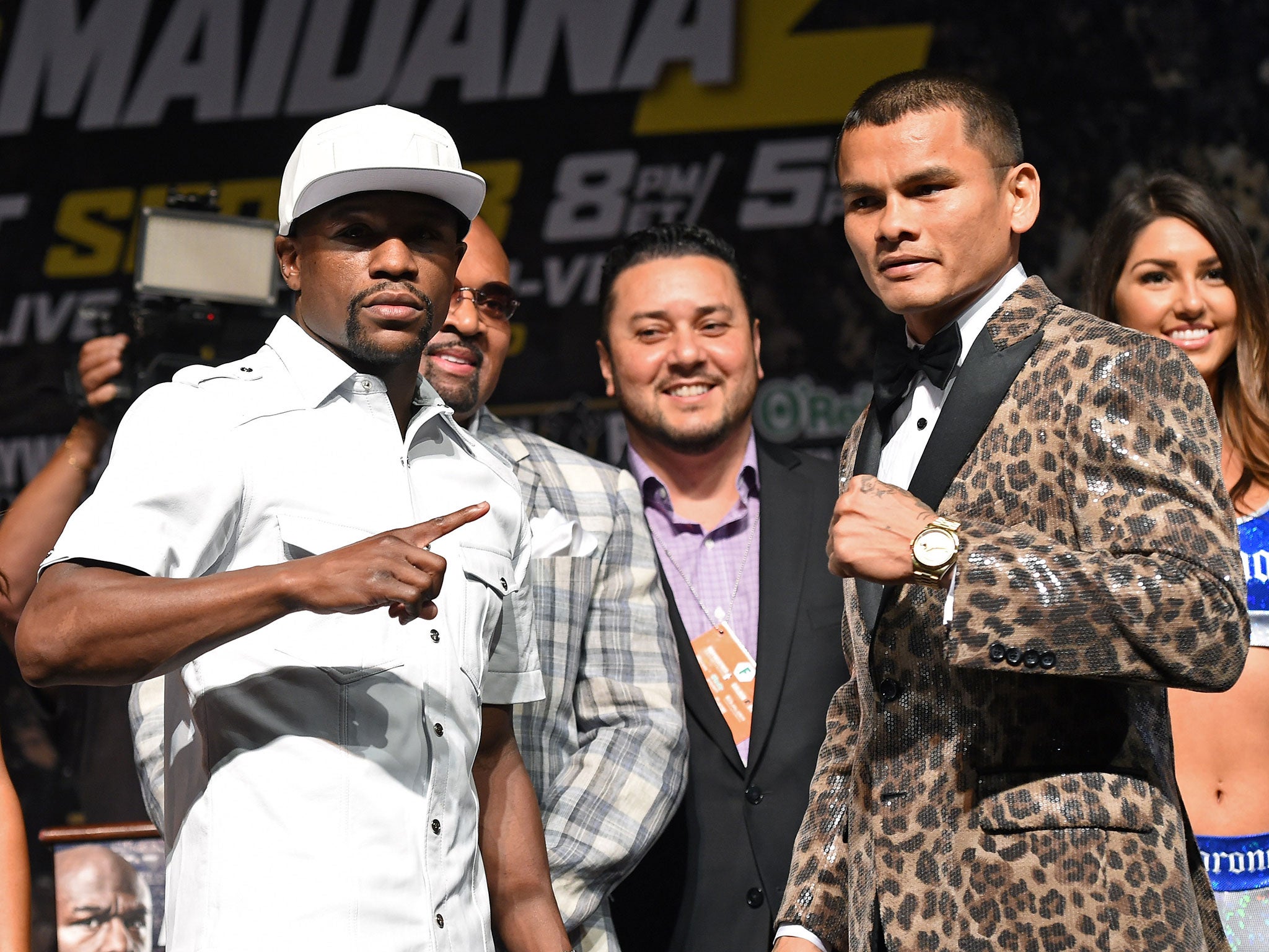 Floyd Mayweather (left) and Marcos Maidana during their press conference this week