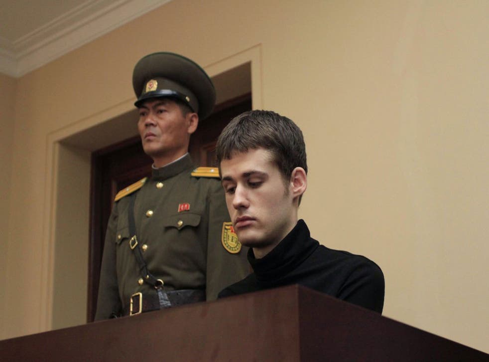 Matthew Miller, a US citizen, sits on the dock at the Supreme Court during his trial in Pyongyang, North Korea, Sunday, 14 September, 2014