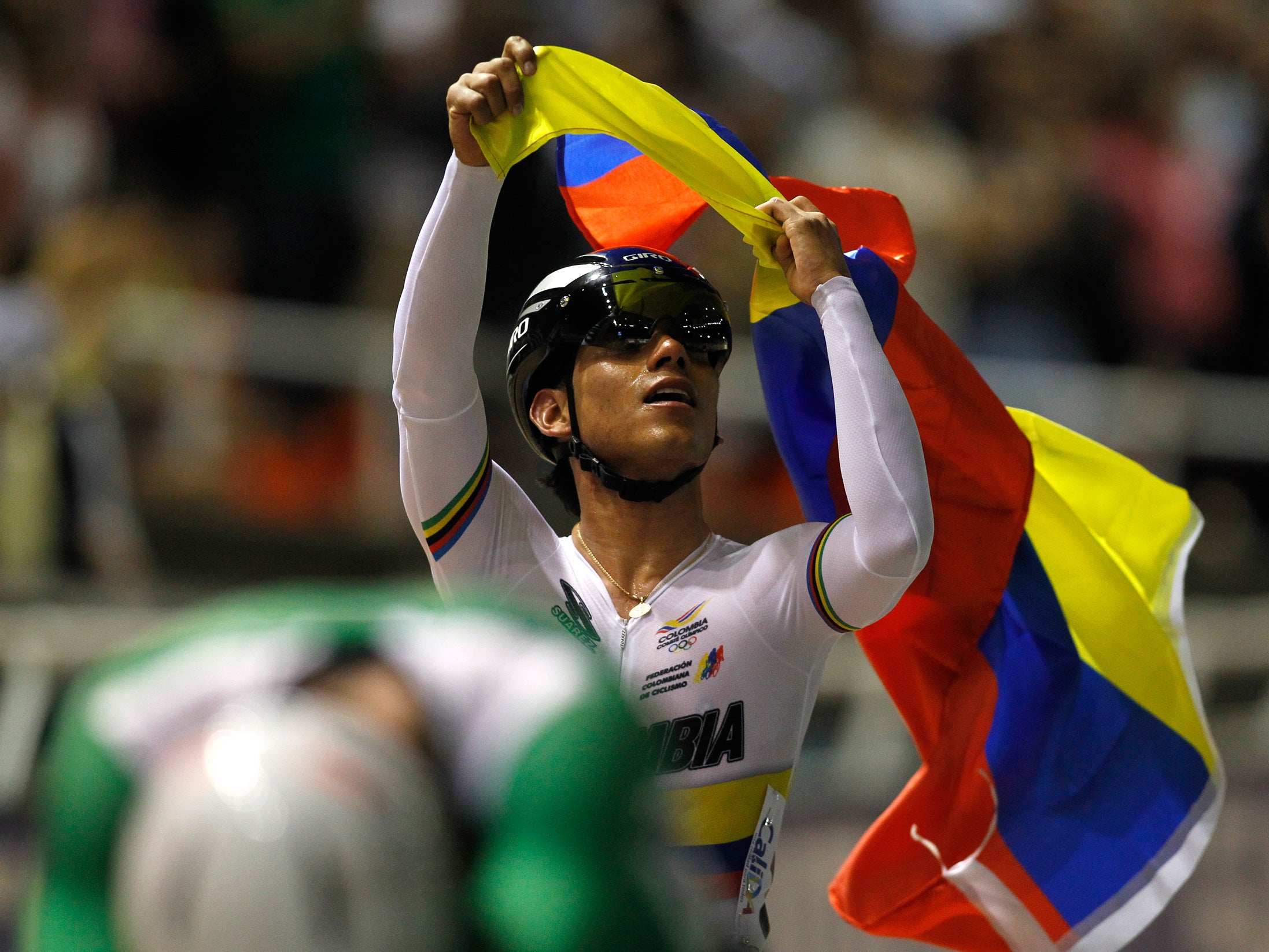 Cyclist Edwin Avila in a much less revealing Colombian kit during the Track Cycling World Championships this summer