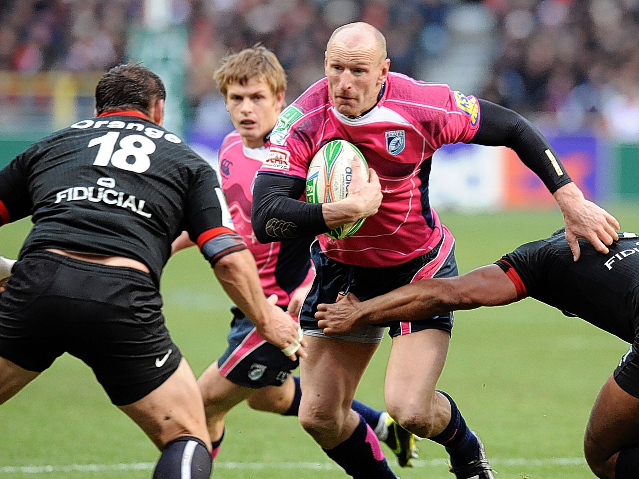 Gareth Thomas proudly sports the pink change shirt of the Cardiff Blues. ‘They’ve got your colour for you,’ joked a team-mate