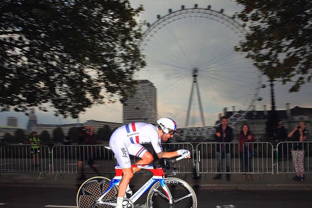 Sir Bradley Wiggins on his way to winning Sunday’s time-trial between Whitehall and Tower Hill in London