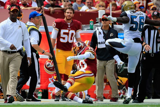 Washington Redskins quarter-back Robert Griffin III suffers a dislocated ankle against the Jacksonville Jaguars