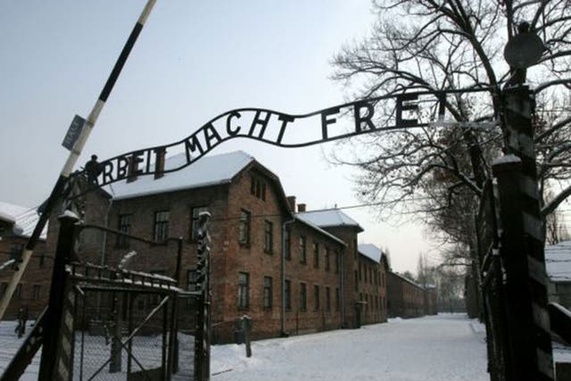 The main gate at Auschwitz. The inscription reads: "Arbeit macht frei" ("Work Makes Free" or "Work Liberates")