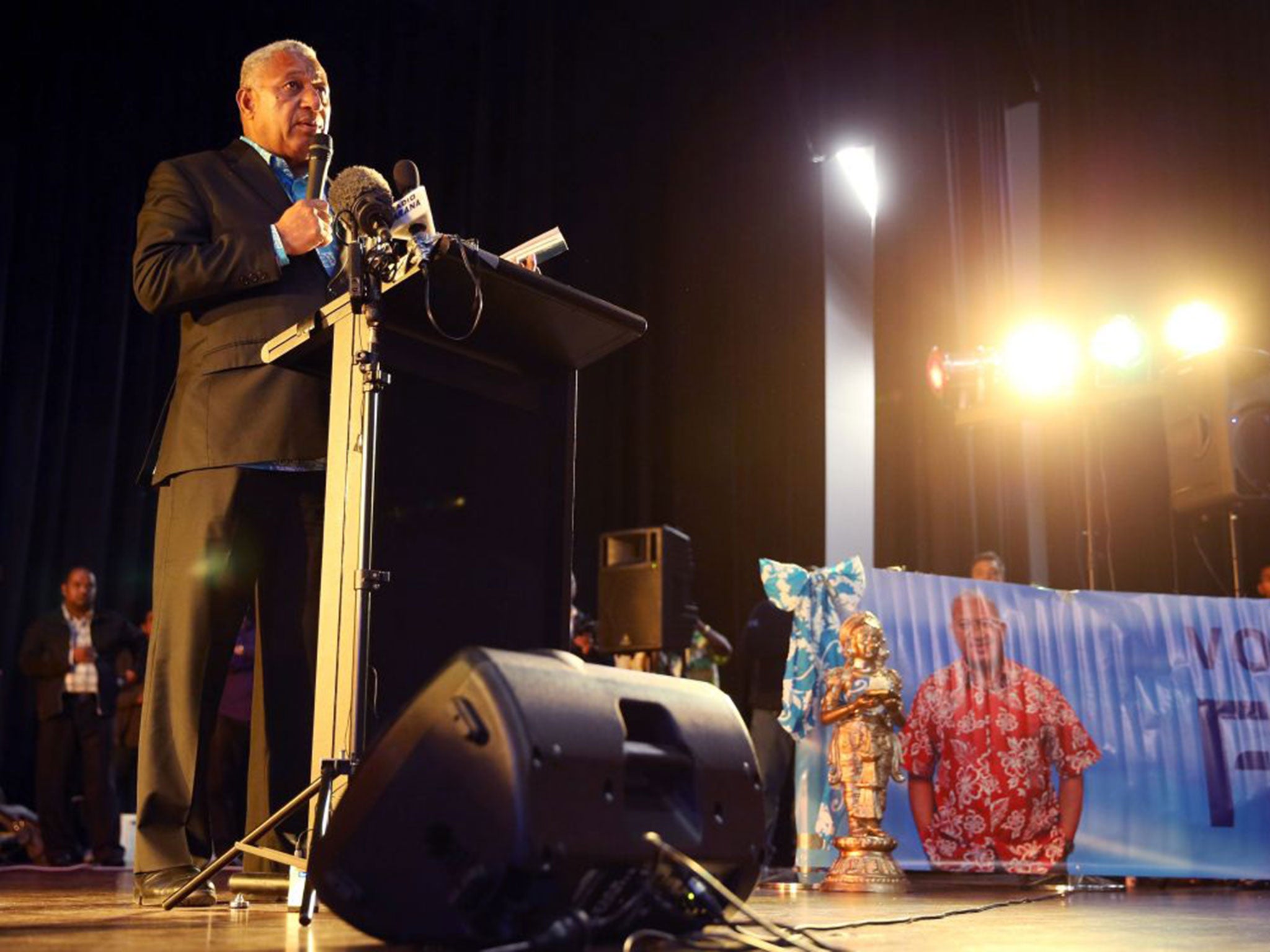 Frank Bainimarama in New Zealand last month to campaign for Fiji First party