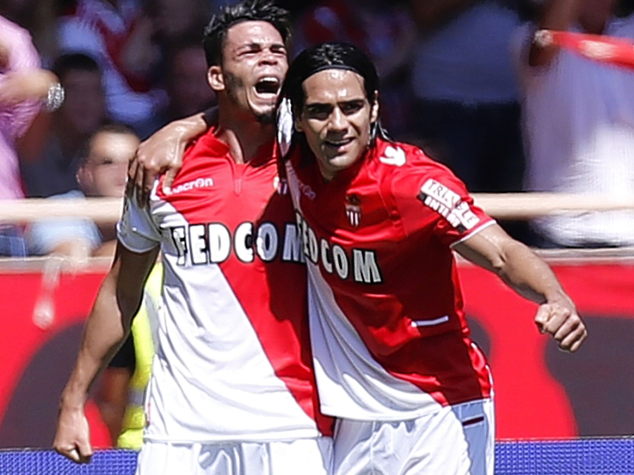 Radamel Falcao (right) and Emmanuel Rivière celebrate a goal for Monaco last season. Both have now left the club, to Manchester United and Newcastle respectively