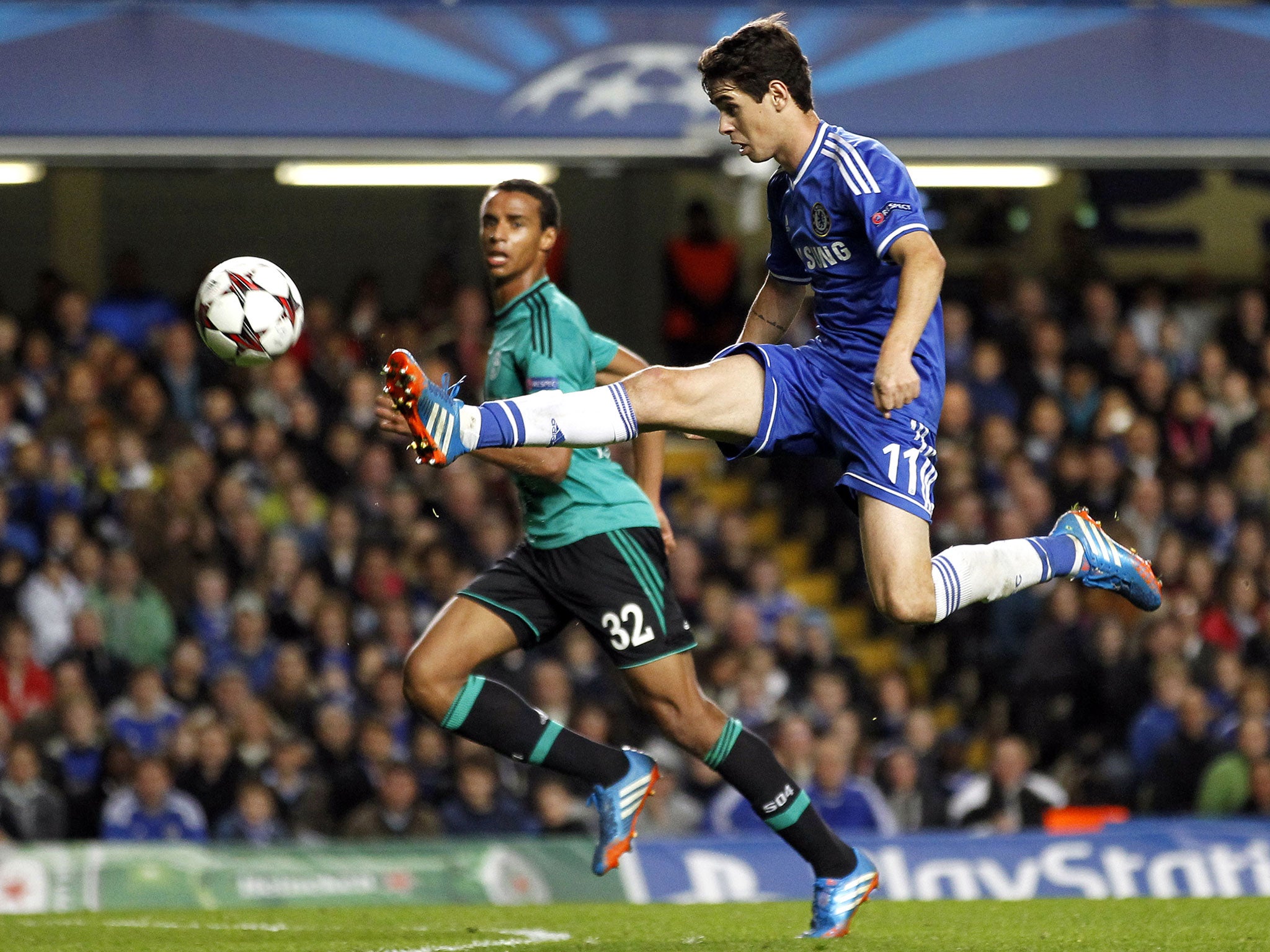 Oscar scores but the goal is disallowed during the UEFA Champions League group E football match between Chelsea and FC Schalke at Stamford Bridge in London on November 6, 2013.