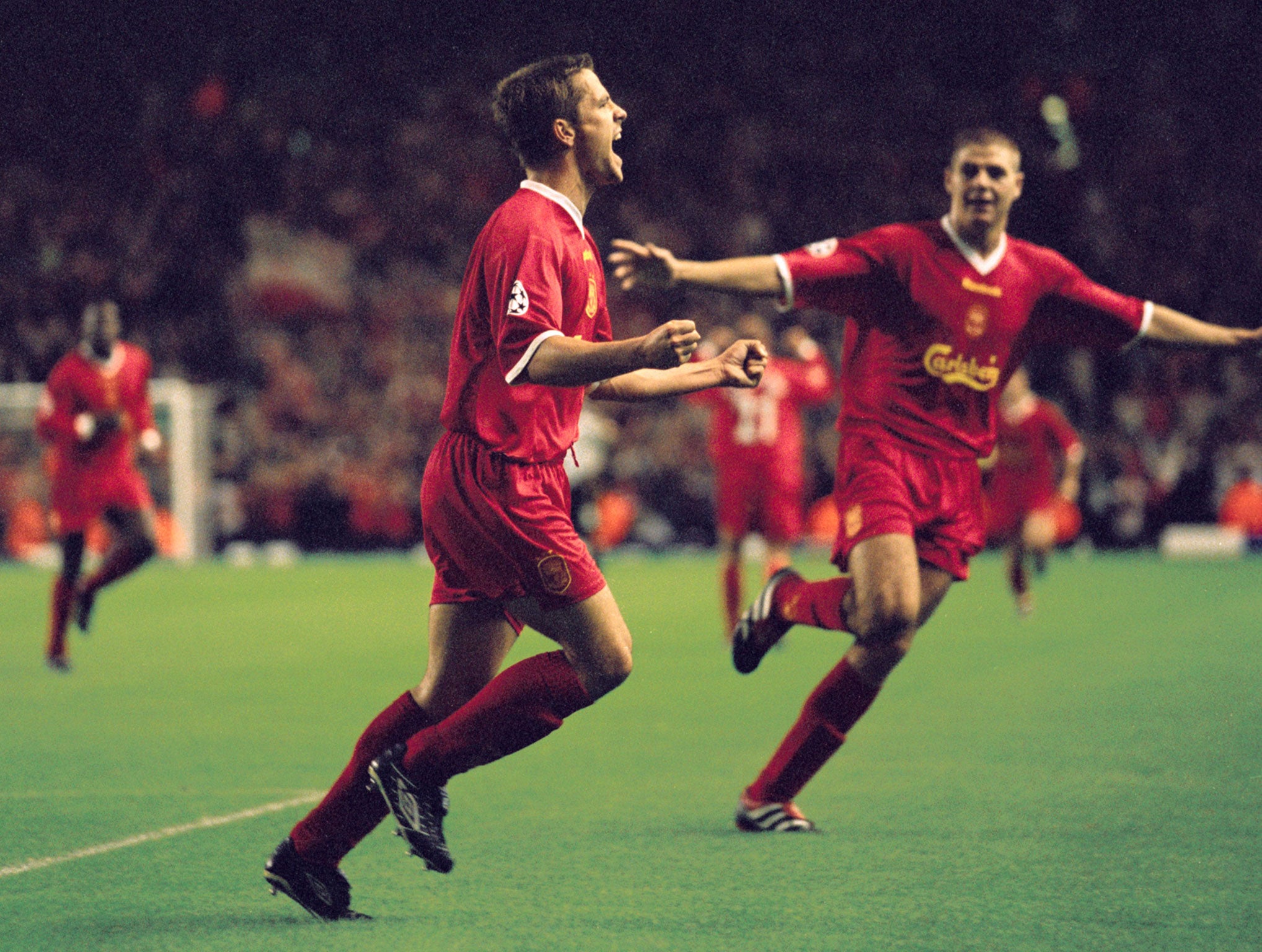 Michael Owen scores against Boavista in the Champions League in 2001