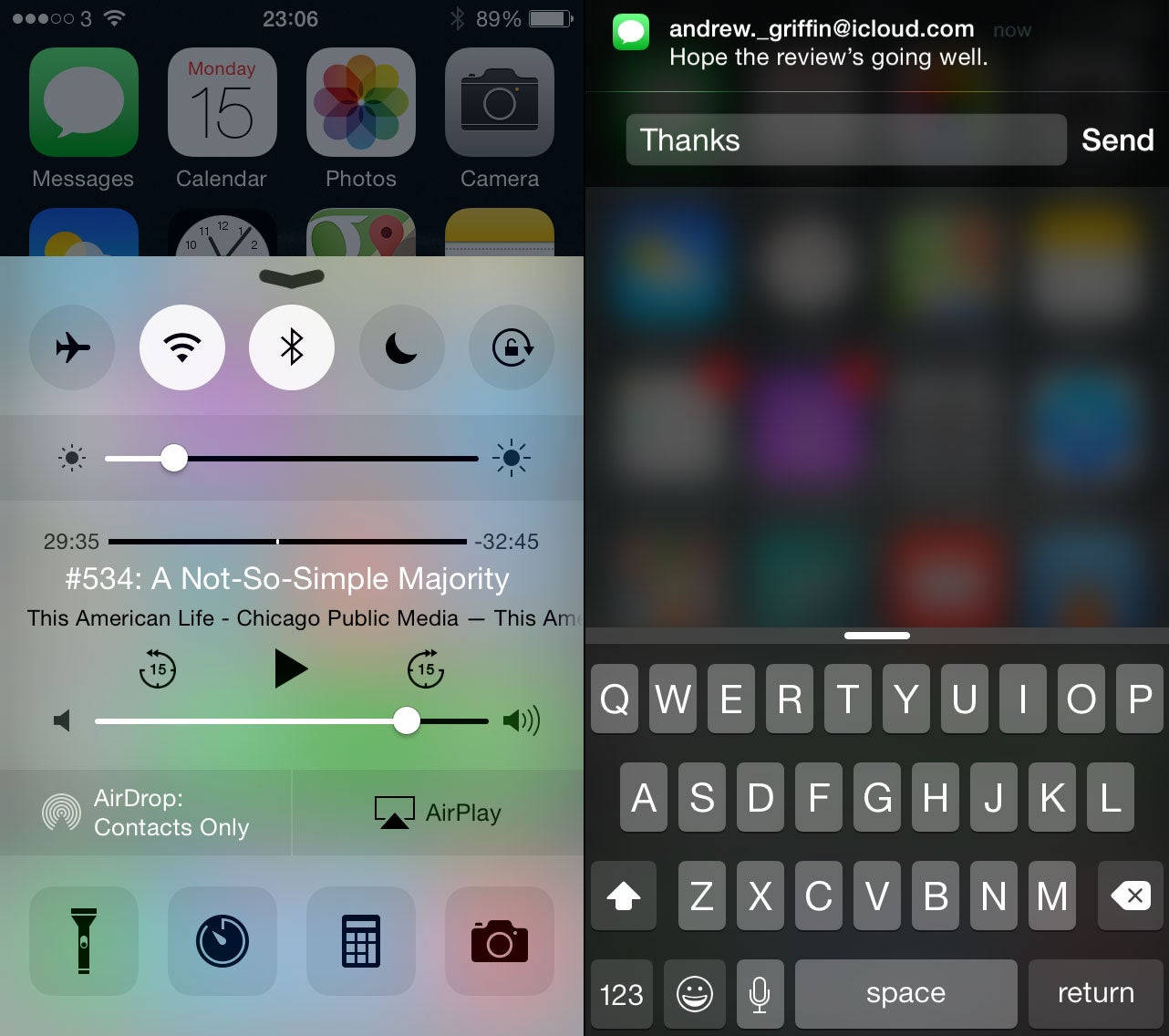 Apple's flatter-than-flat Control Center (left) and new interactive notifications (right).
