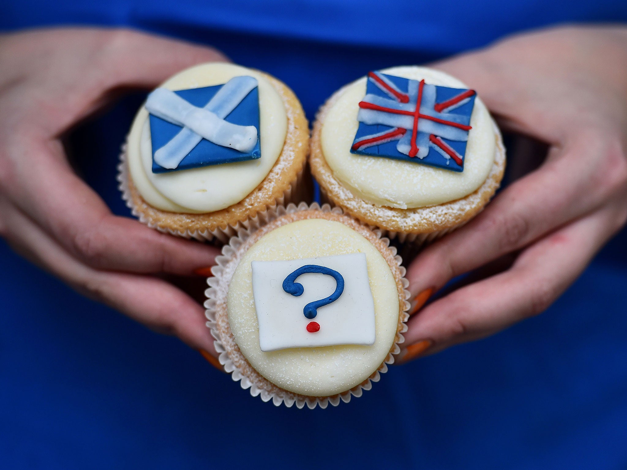 'Referendum cupcakes' featuring a Scottish Saltire, (L) a Union flag (R) and a question mark (Below) symbolising the 'undecided voter' are pictured at a bakery in Edinburgh, Scotland.