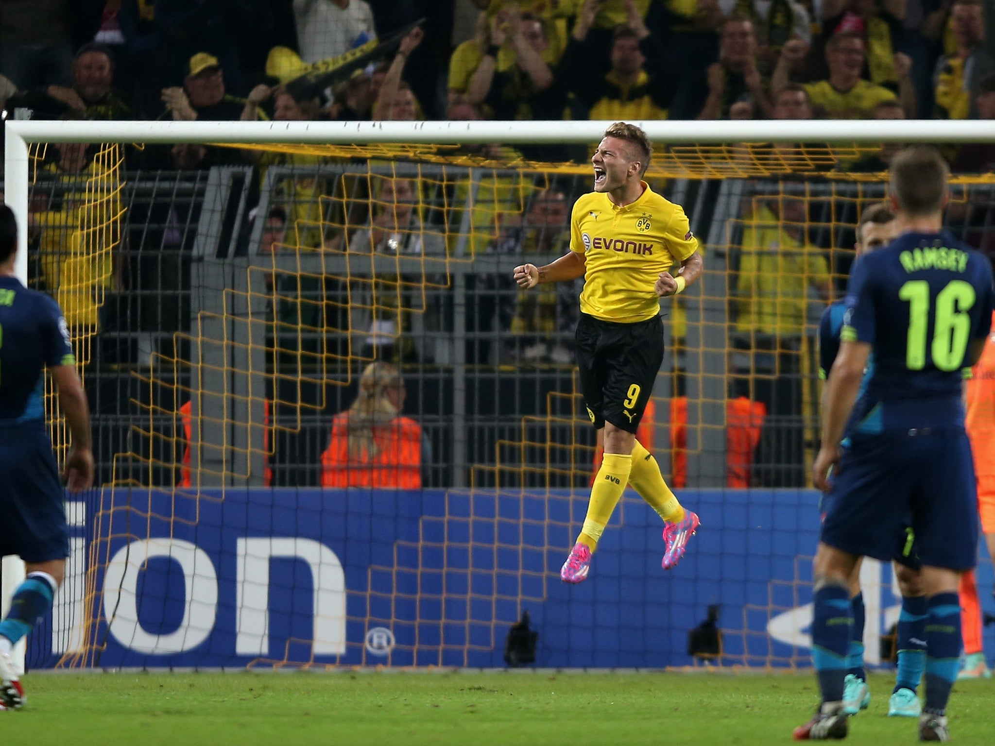 Ciro Immobile celebrates after opening the scoring against Arsenal in a recent Champions League win