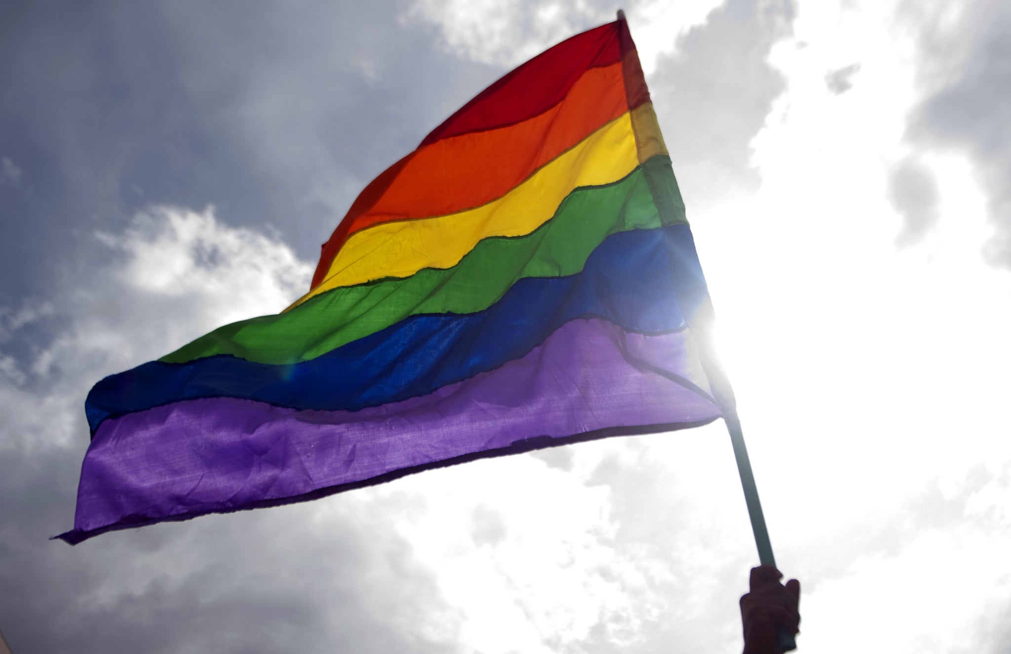 A protester waves a rainbow flag at a protest in support of gay rights.