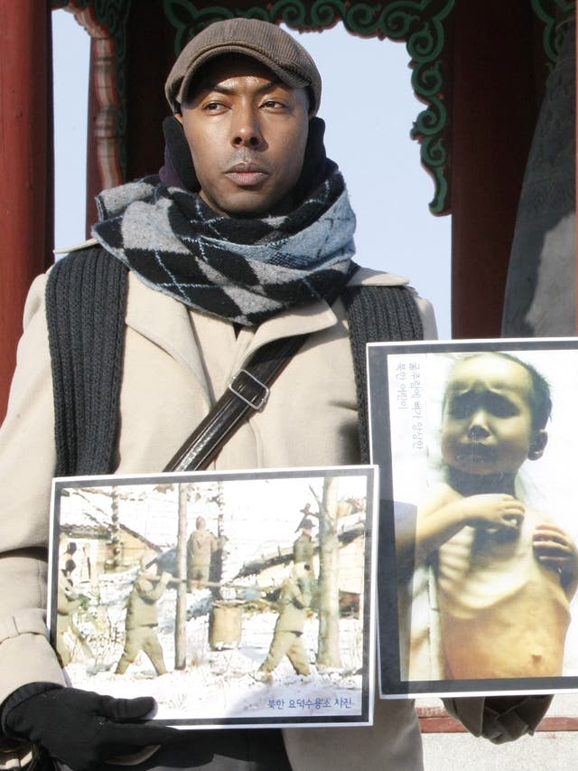 American Aijalon Mahli Gomes, during a rally denouncing North Korean's human rights conditions at the Imjingak Pavilion near the demilitarized zone