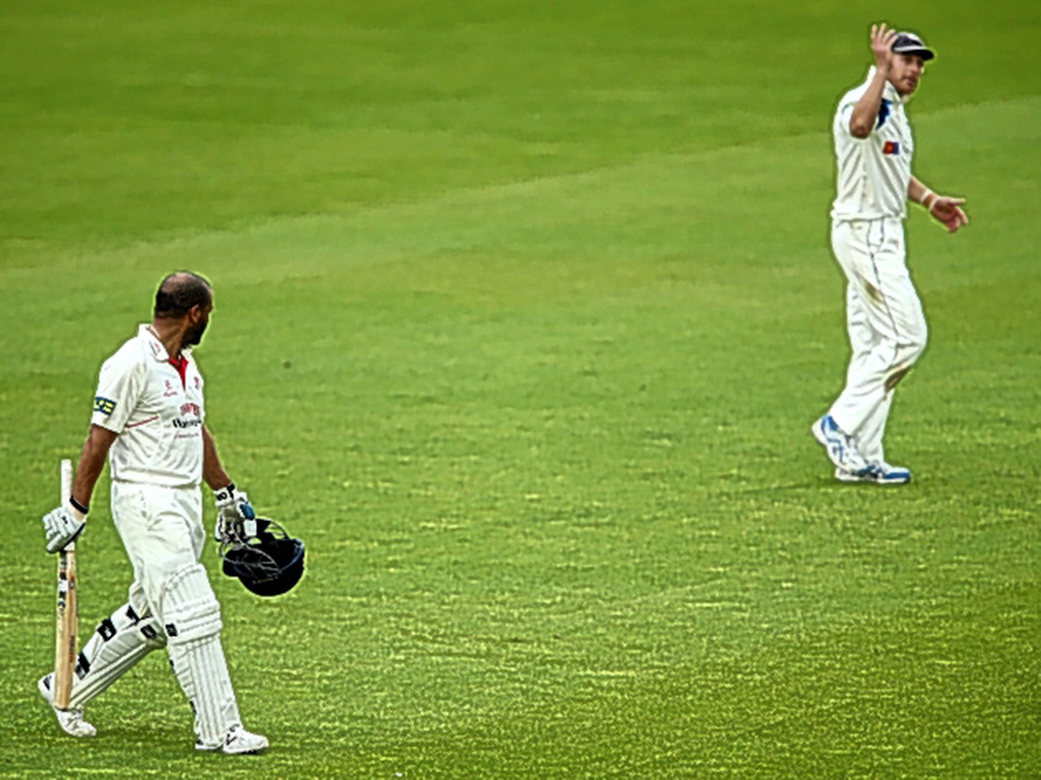 Lancashire’s Ashwell Prince (left) and Andrew Gale, of Yorkshire, clash as they leave the field at Old Trafford on 2 September